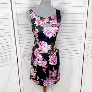 Cache Abstract Floral Cage Front Sleeveless Sheath Dress Black Pink 12‎